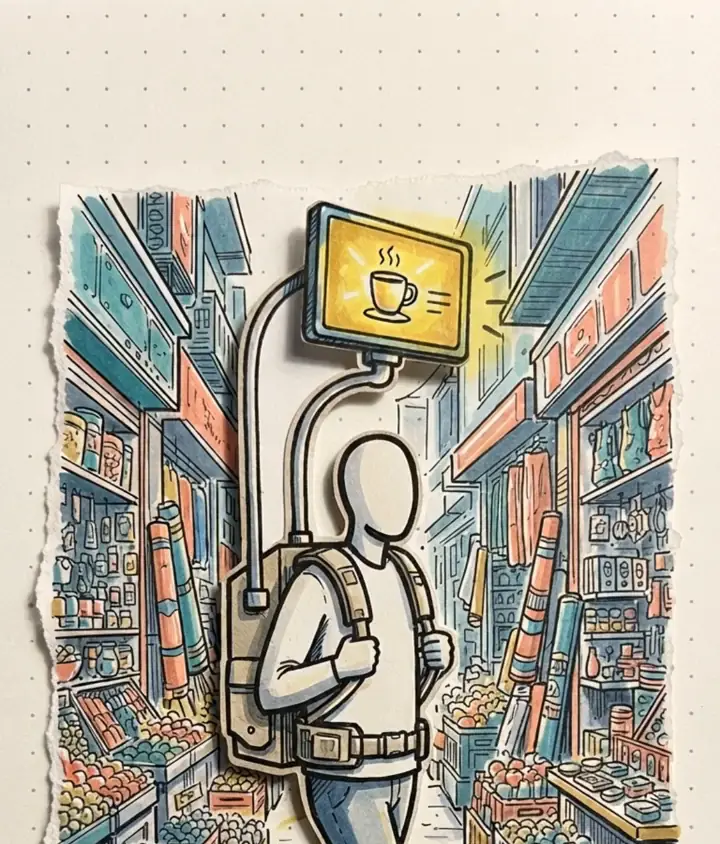 Illustration of a person carrying a backpack screen showing a cafe ad through a busy market lane