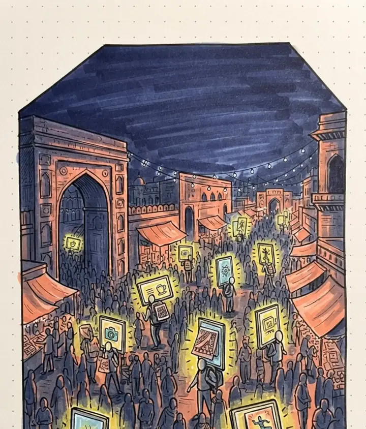 Illustration of a crowded Indore market at night, lit by glowing AdWalk screens